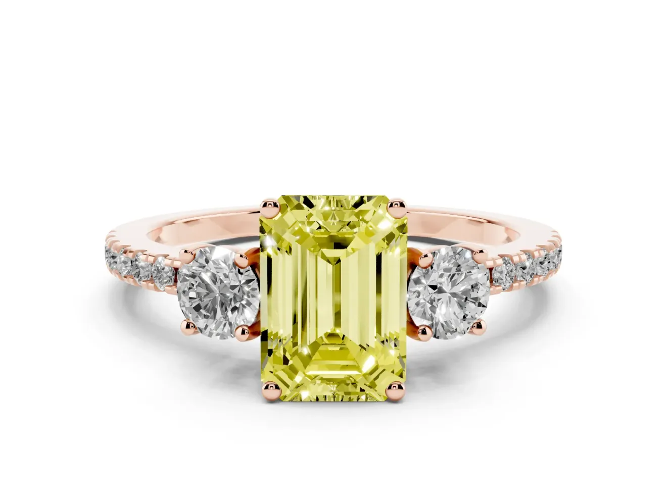 Emerald Cut Three Stone Engagement Ring Setting for a Fancy Yellow Lab-Grown Diamond | Pave Shoulders | Rose Gold