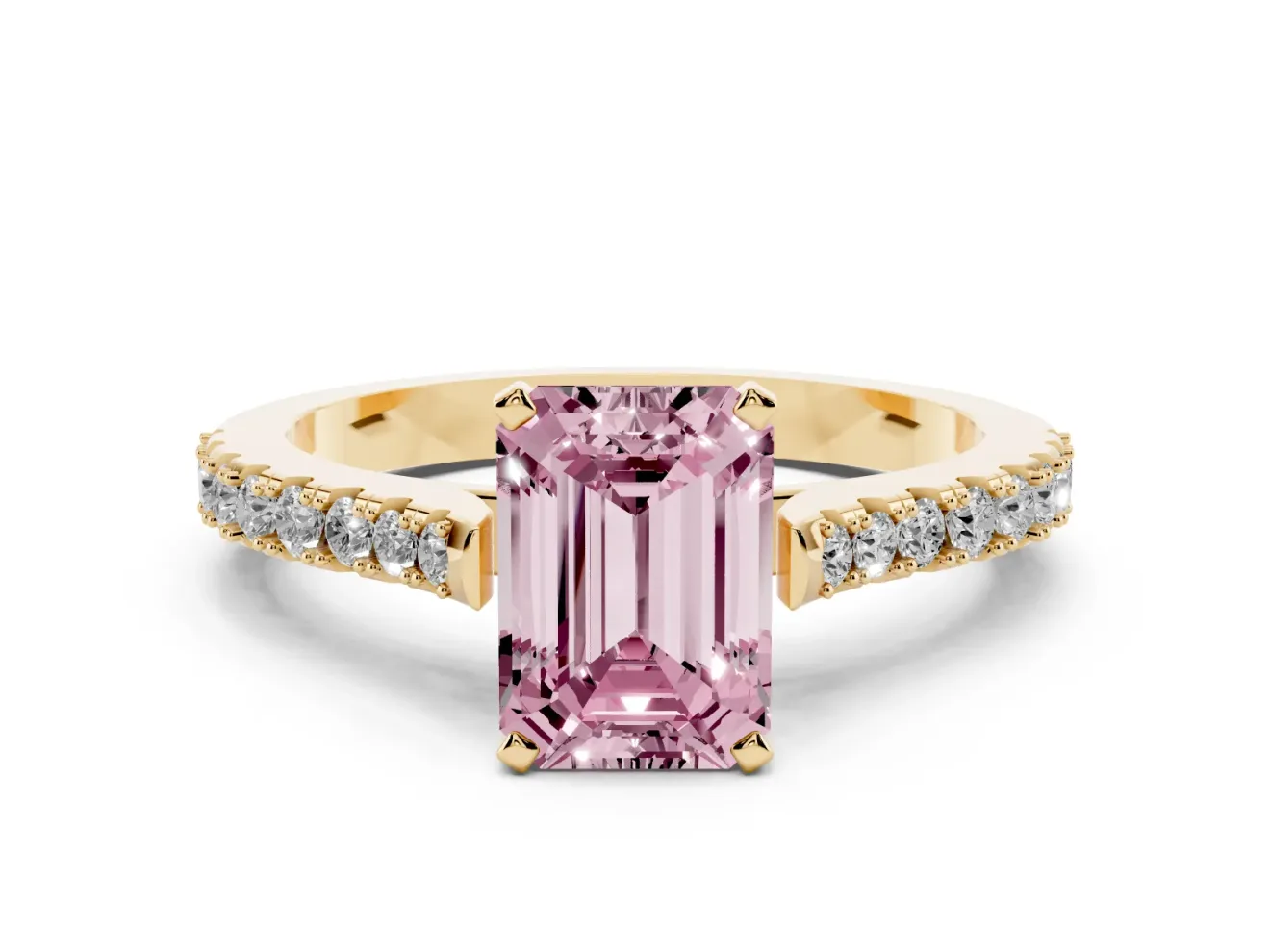 Fancy Pink Emerald Cut Diamond Solitaire Engagement Ring Set in Yellow gold with Delicate Pavé Band and Prong Setting