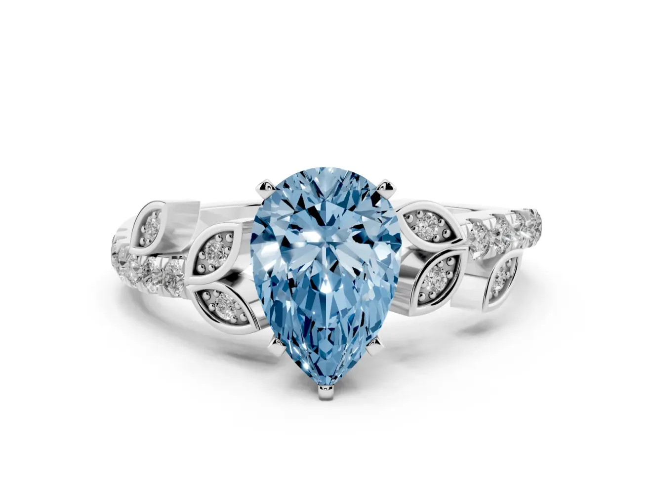 Fancy Blue Pear Cut Diamond Solitaire Leaf-Inspired Ring Set in Silver with Pavé Band and Prong Setting