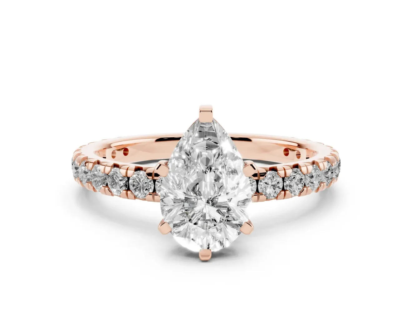 Pear-Shaped Pavé Solitaire Engagement Ring Setting | Shared Prong Band | Rose Gold