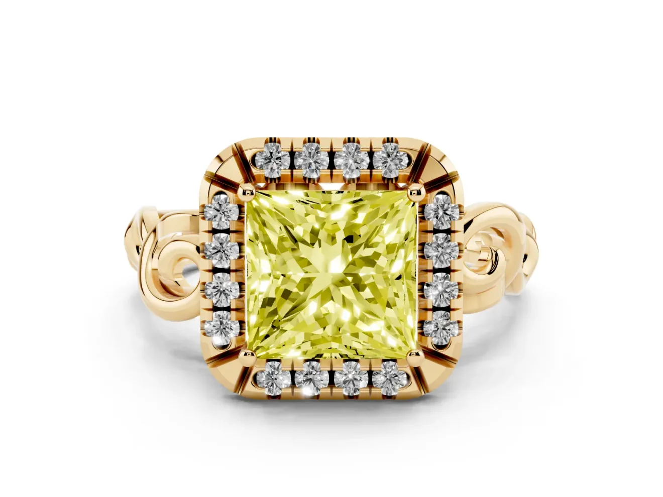 Fancy Yellow Princess Cut Diamond Halo Ring Set in Yellow gold with Scrollwork Band and Prong Setting