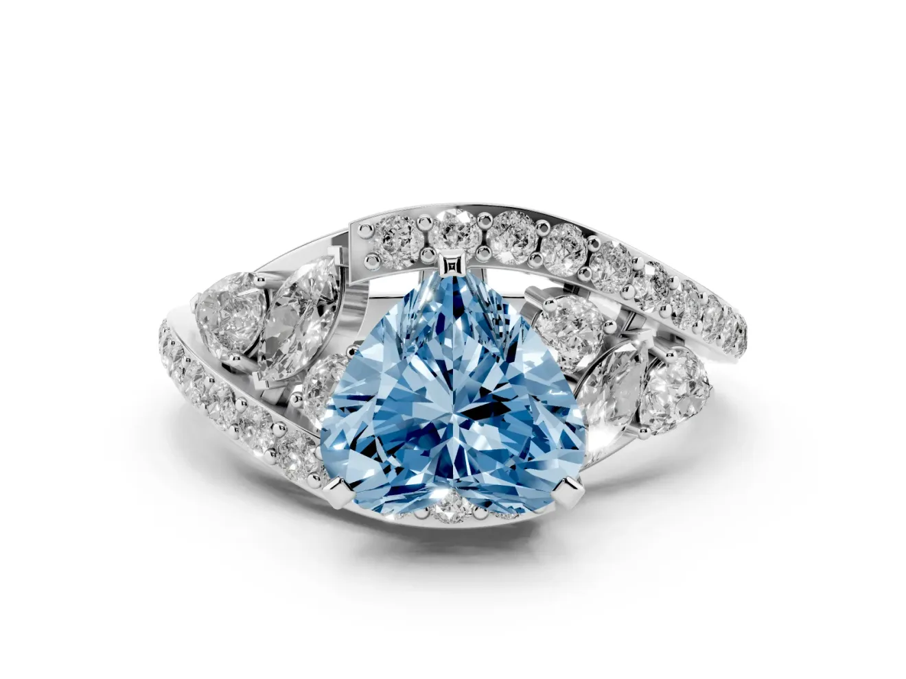 Fancy Blue Heart Cut Diamond Halo Ring Set in Platinum with Marquise and Pavé Band in Prong Setting