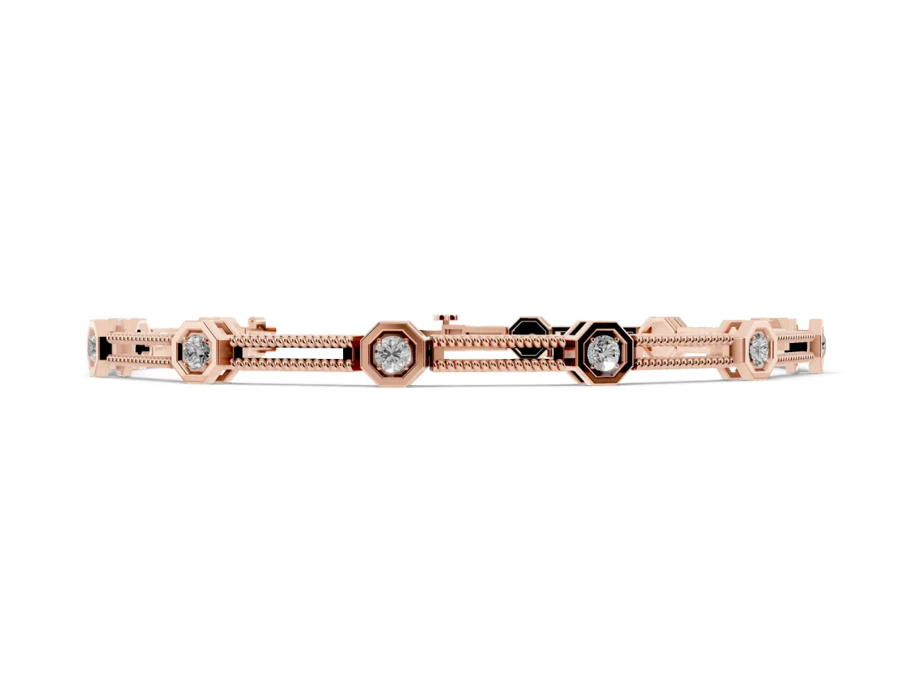 Round Lab-Grown Diamond Octagon Frame Station Bracelet | Double Rope Links | Rose Gold