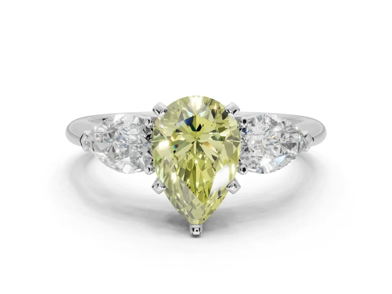 Pear-Shaped Three-Stone Ring Setting for a Fancy Yellow Lab-Grown Diamond | Pear Side Stones | Sterling Silver