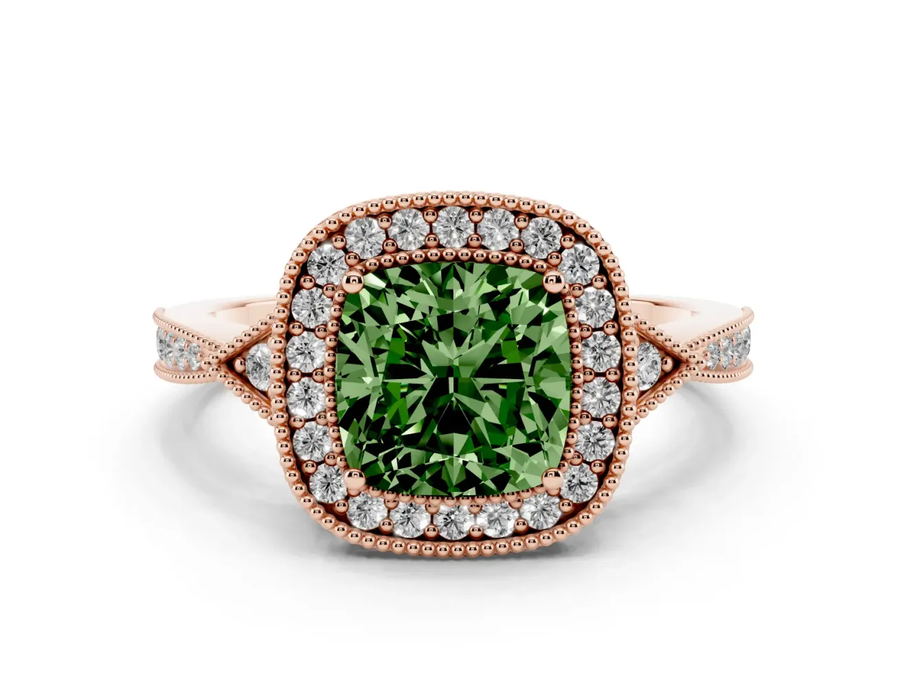 Fancy Green Cushion Cut Diamond Halo Engagement Ring Set in Rose gold with Milgrain Pavé Band