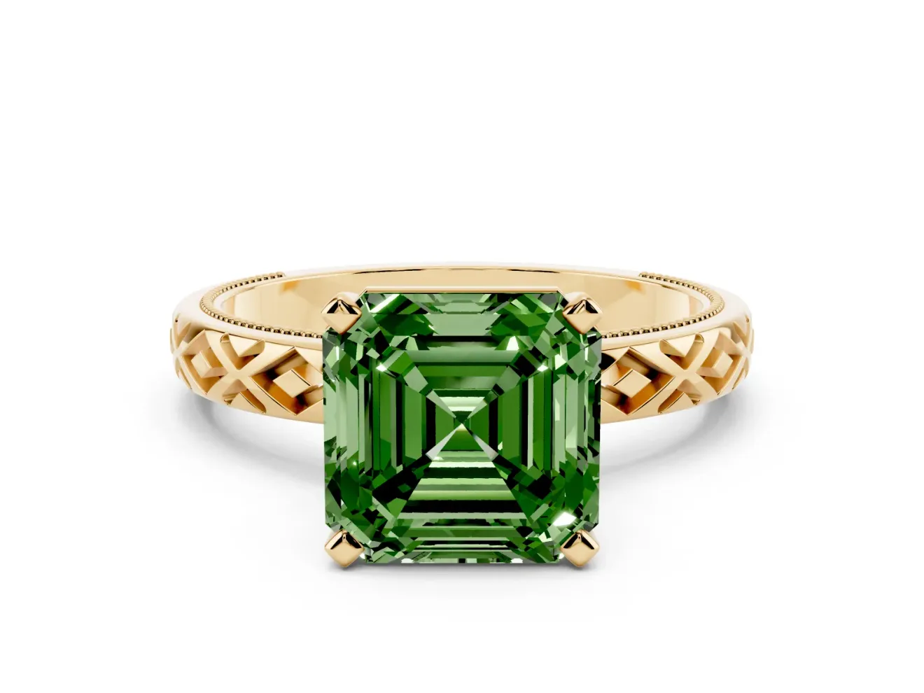 Fancy Green Asscher Cut Diamond Solitaire Ring Set in Yellow gold with Milgrain and Black Enamel X Pattern Band