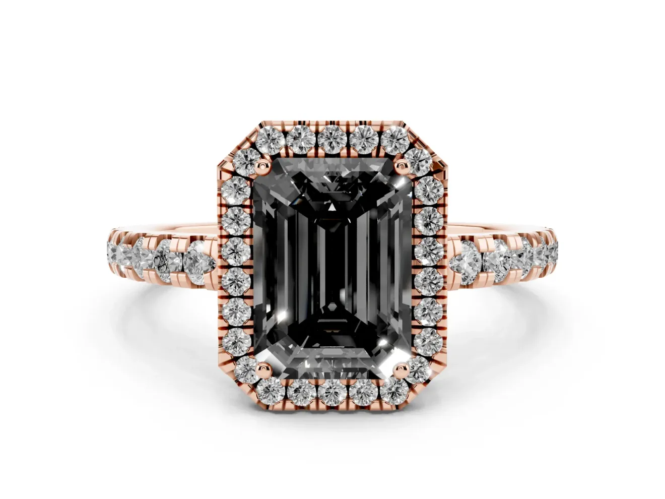 Emerald Cut Halo Engagement Ring Setting for a Black Center | Graduated Pavé Band | Rose Gold