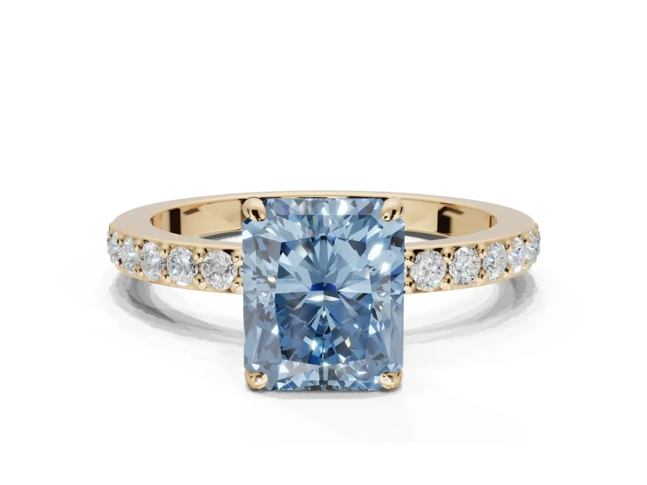 Radiant Cut Hidden Halo Engagement Ring Setting for a Fancy Blue Lab-Grown Diamond | Pavé Band | Yellow Gold
