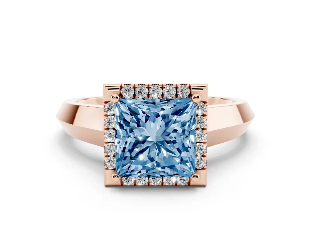 Princess Cut Knife-Edge Halo Engagement Ring Setting for a Fancy Blue Lab-Grown Diamond | Rose Gold