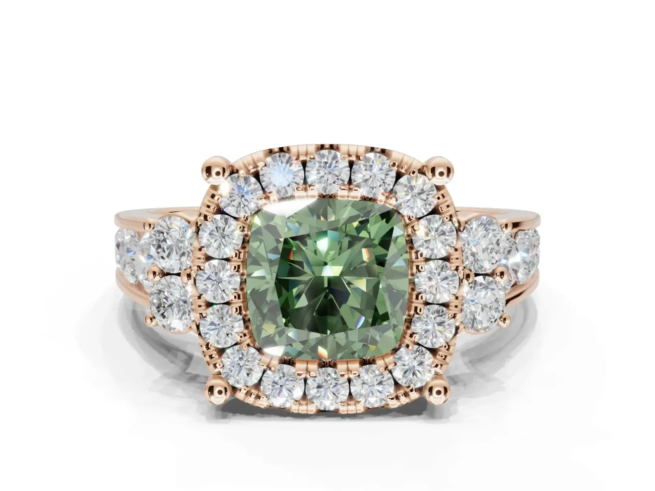 Cushion Cut Halo Engagement Ring Setting for a Fancy Green Lab-Grown Diamond | Graduated Channel Band | Rose Gold