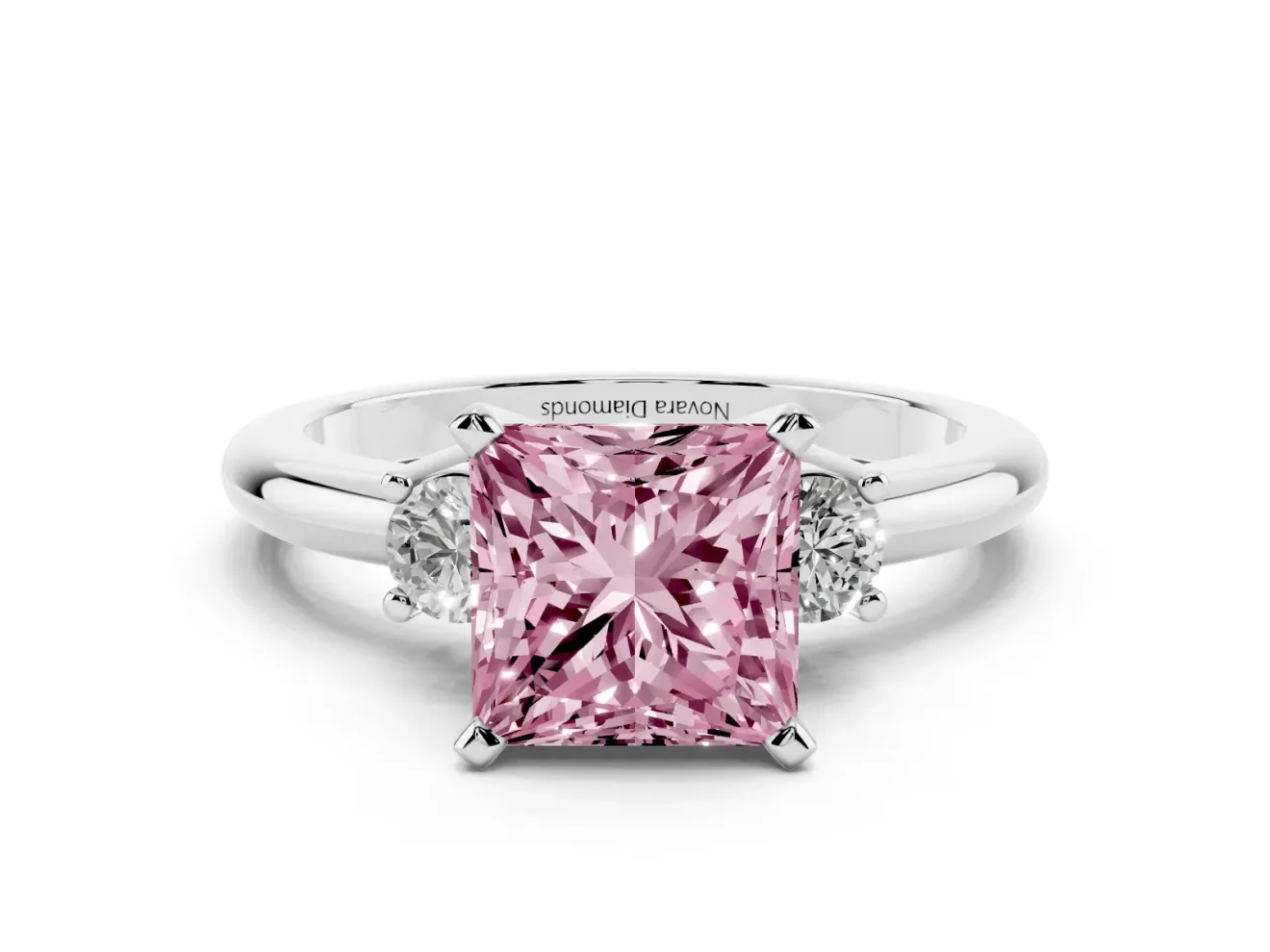 Fancy Pink Three-Stone Princess Cut Diamond Ring Set in White gold with Prong Setting and Plain Band
