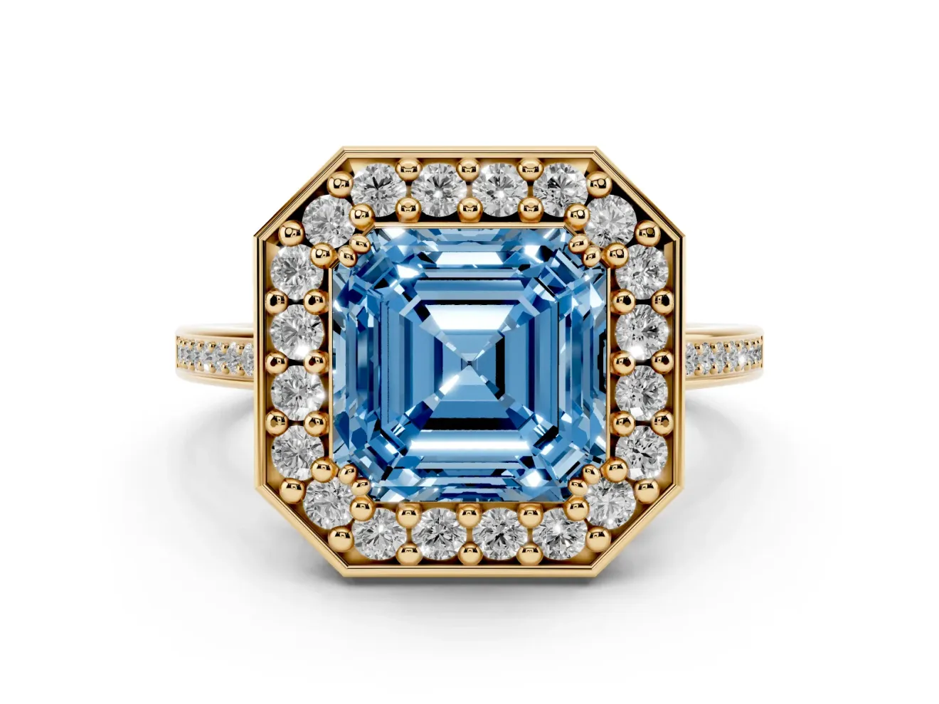 Asscher Cut Halo Engagement Ring Setting for a Fancy Blue Lab-Grown Diamond | Polished Halo Rim | Yellow Gold