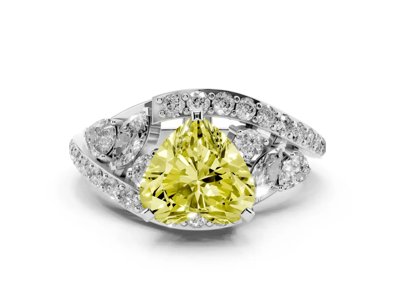 Fancy Yellow Heart Cut Diamond Halo Ring Set in White gold with Marquise and Pavé Band in Prong Setting