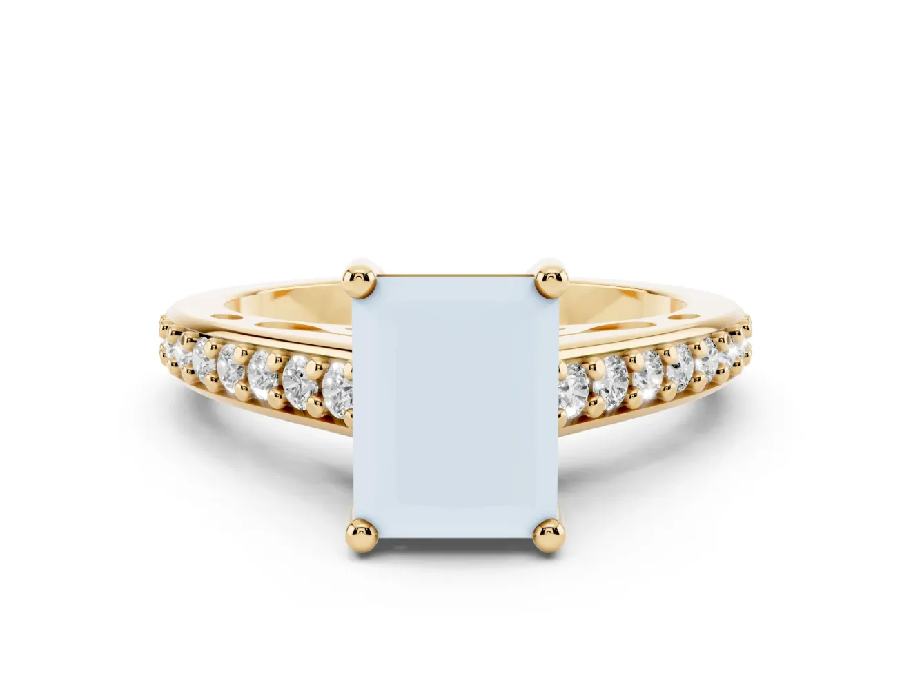 Radiant Cut Graduated Pave Cathedral Engagement Ring Setting | Scroll Cut-Outs | Yellow Gold