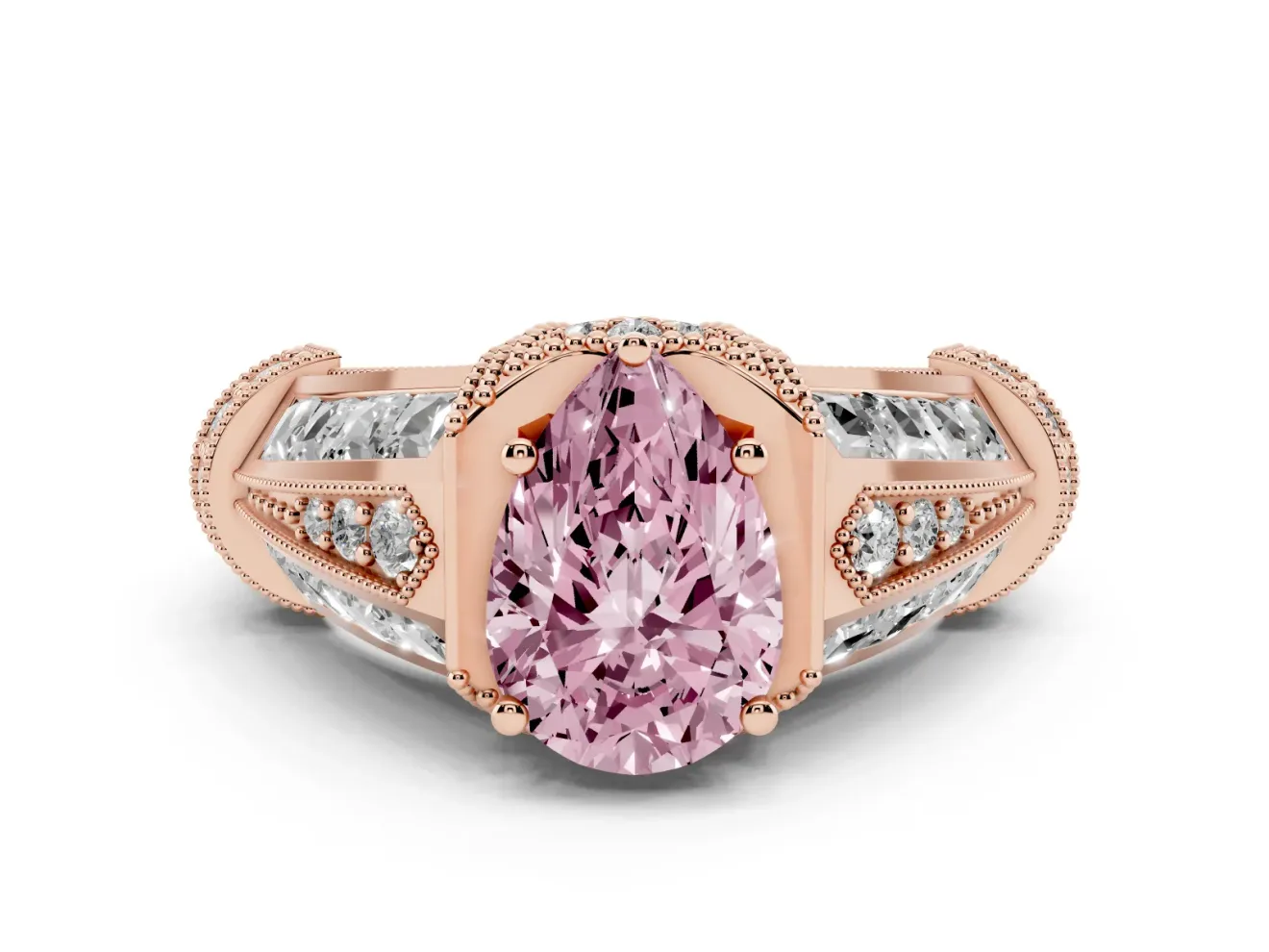 Fancy Pink Pear Cut Diamond Vintage-Inspired Milgrain Ring Set in Rose gold with Accent Split Shank