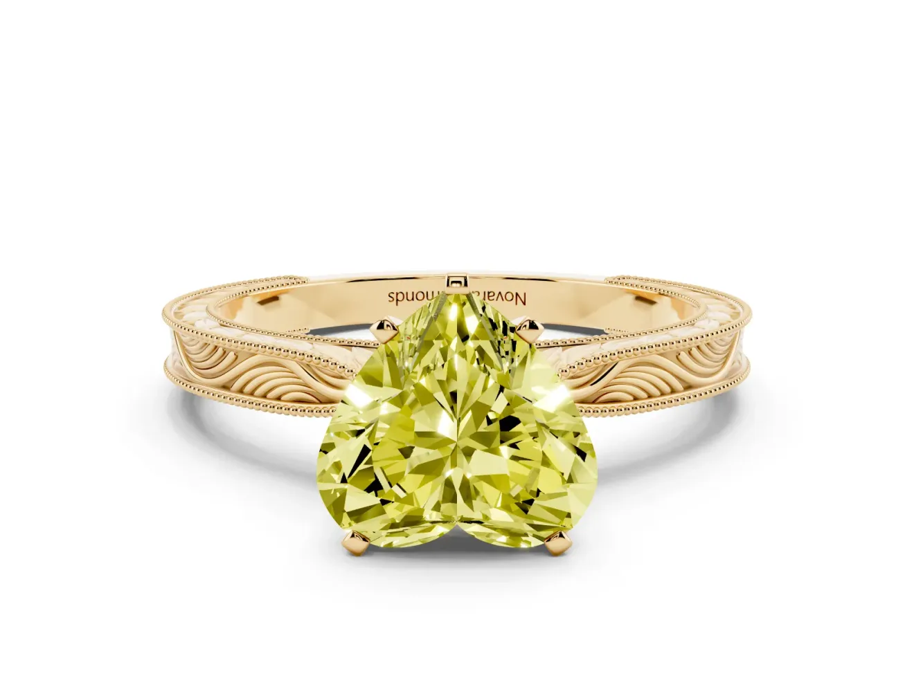 Fancy Yellow Heart Cut Diamond Solitaire Milgrain Engraved Band Set in Yellow gold with Prong Setting