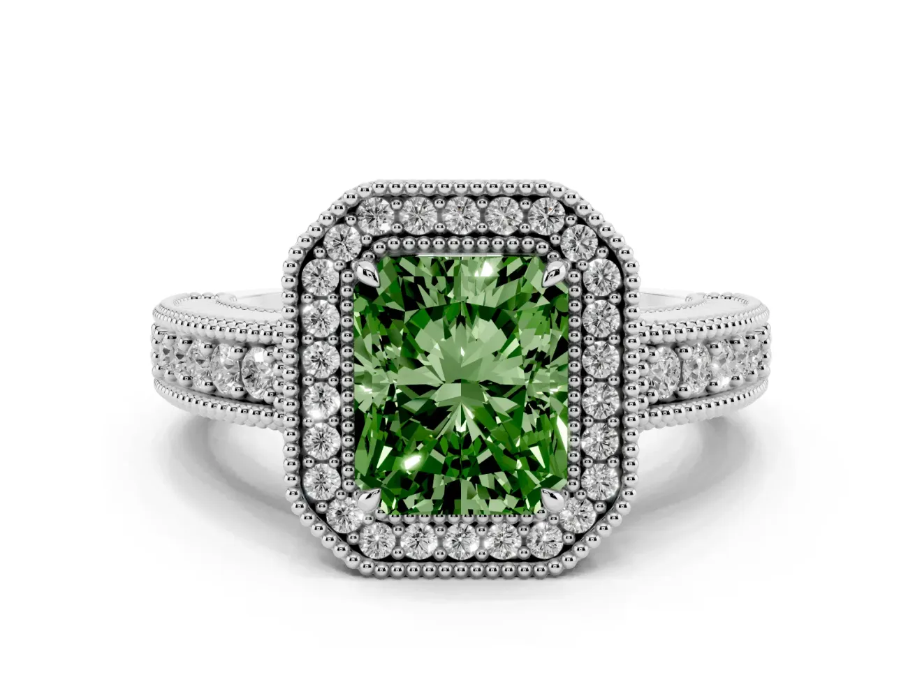 Fancy Green Radiant Cut Diamond Halo Ring Set in White gold with Round Accent Halo, Pavé Band and Prong Setting