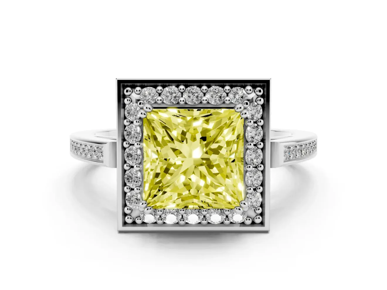 Princess Cut Halo Engagement Ring Setting for a Fancy Yellow Lab-Grown Diamond | Polished Halo Rim | Platinum