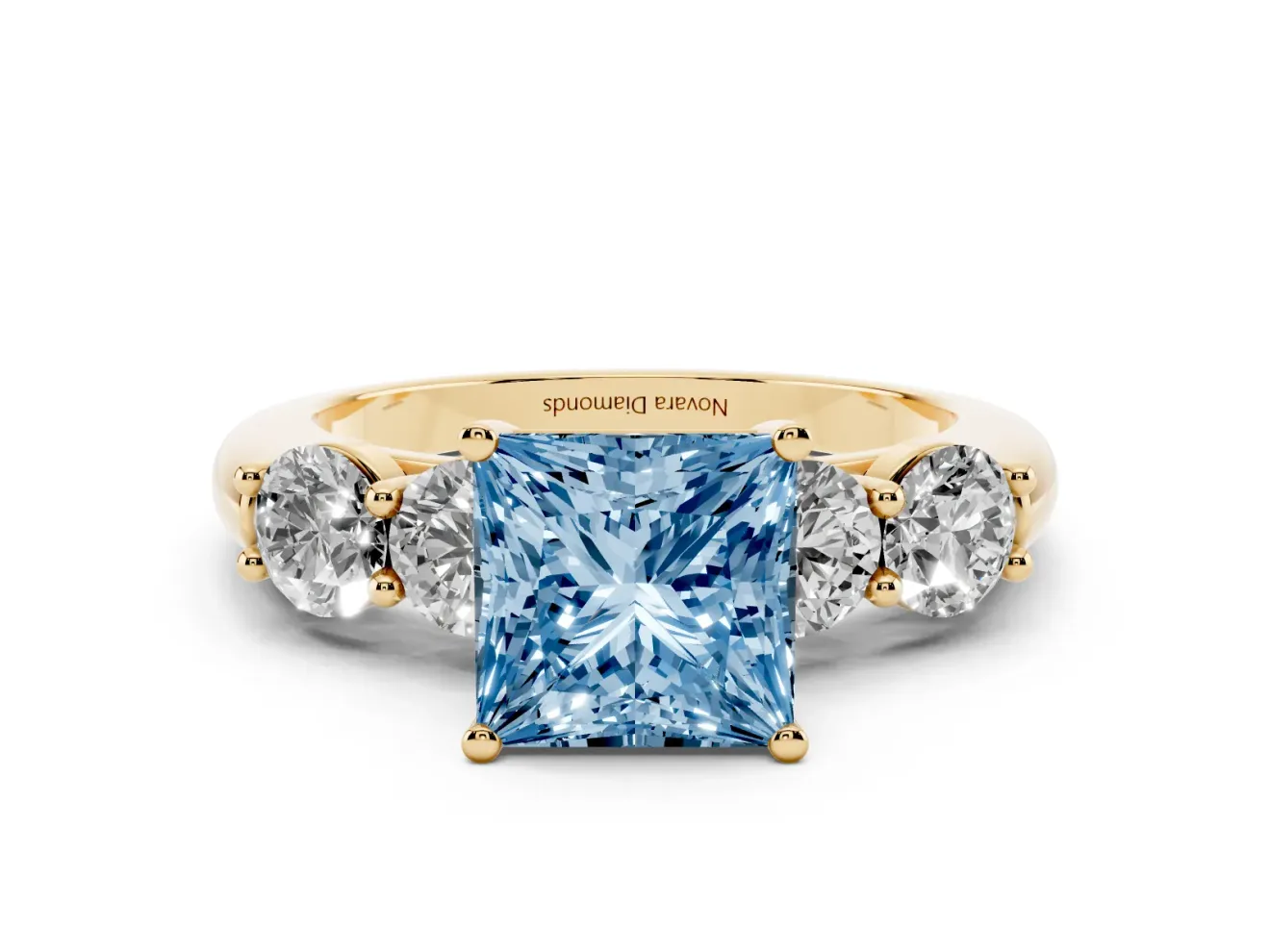 Princess Cut Five Stone Engagement Ring Setting for a Fancy Blue Lab-Grown Diamond | Prong Set Side Stones | Yellow Gold