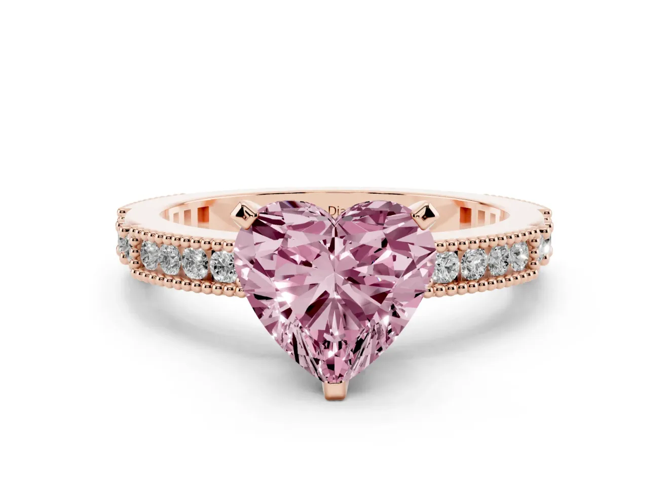 Fancy Pink Heart Cut Diamond Solitaire Ring Set in Rose gold with Slim Pavé Band and Prong Setting