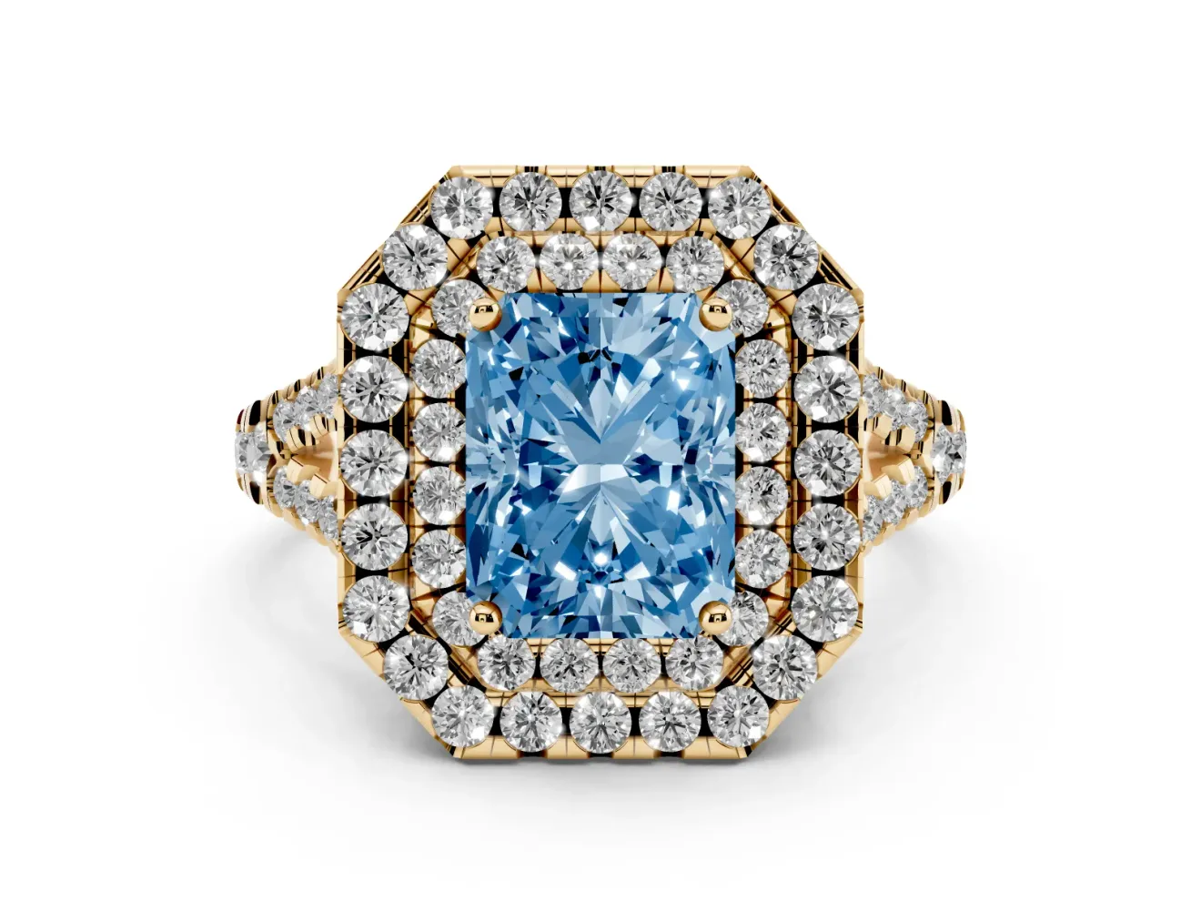Radiant Cut Halo Split Shank Engagement Ring Setting for a Fancy Blue Lab-Grown Diamond | Pavé Strands | Yellow Gold