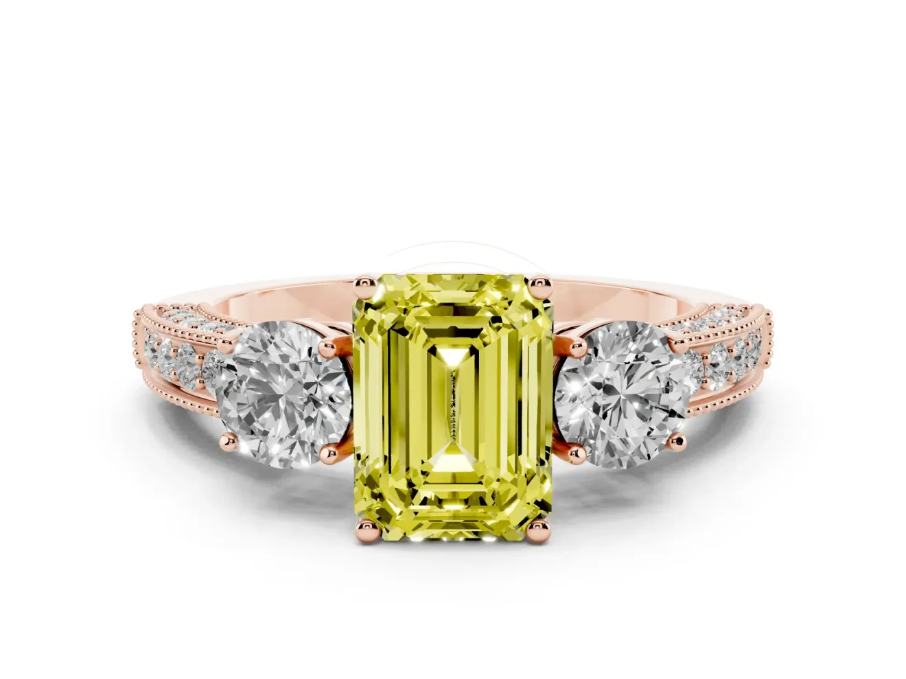 Fancy Yellow Emerald Cut Diamond Three-Stone Ring Set in Rose gold with Round Side Stones and Pavé Band