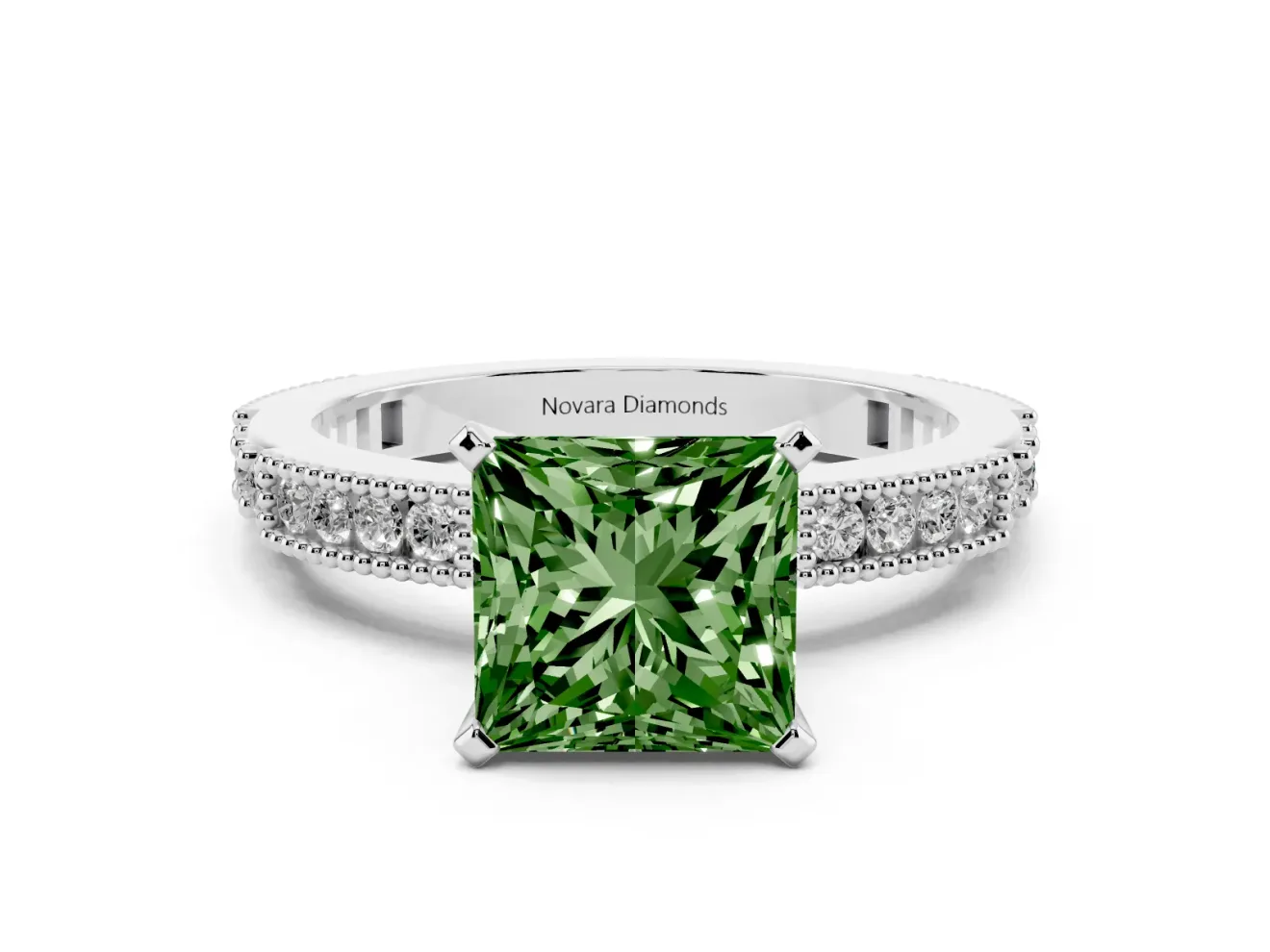 Fancy Green Princess Cut Diamond Solitaire Ring Set in White gold with Slim Pavé Band and Prong Setting