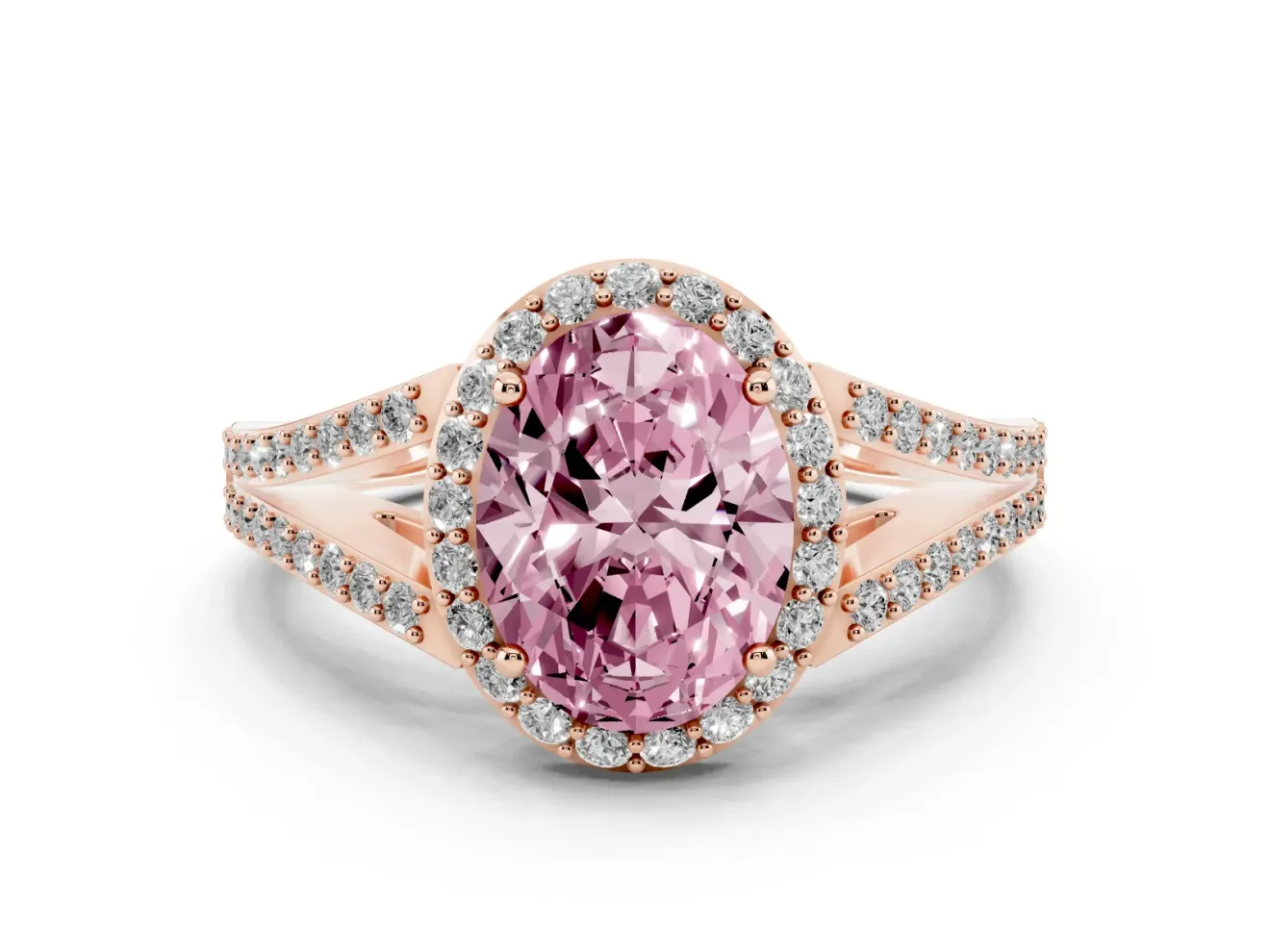 Oval Halo Engagement Ring Setting for a Fancy Pink Lab-Grown Diamond | V-Split Pavé Band | Rose Gold