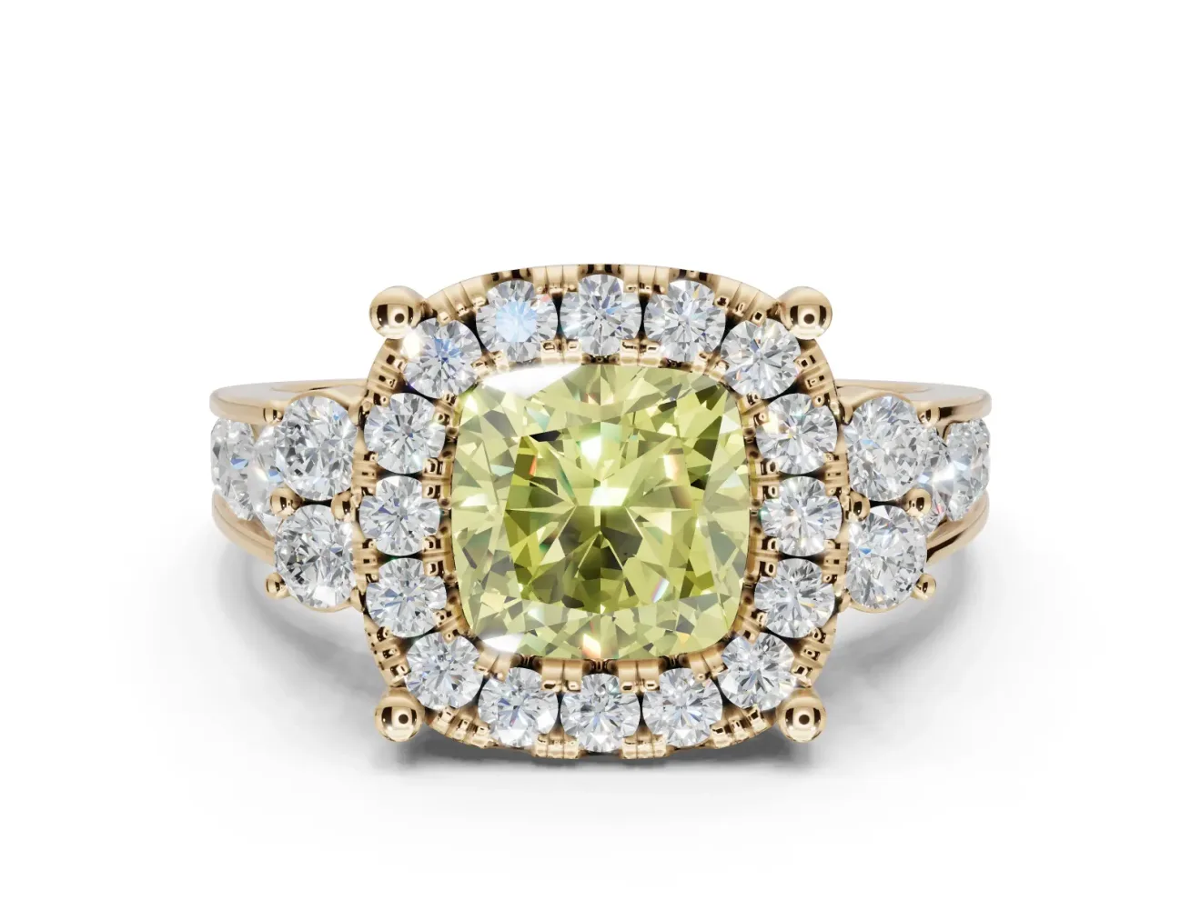 Cushion Cut Halo Engagement Ring Setting for a Fancy Yellow Lab-Grown Diamond | Graduated Channel Band | Yellow Gold