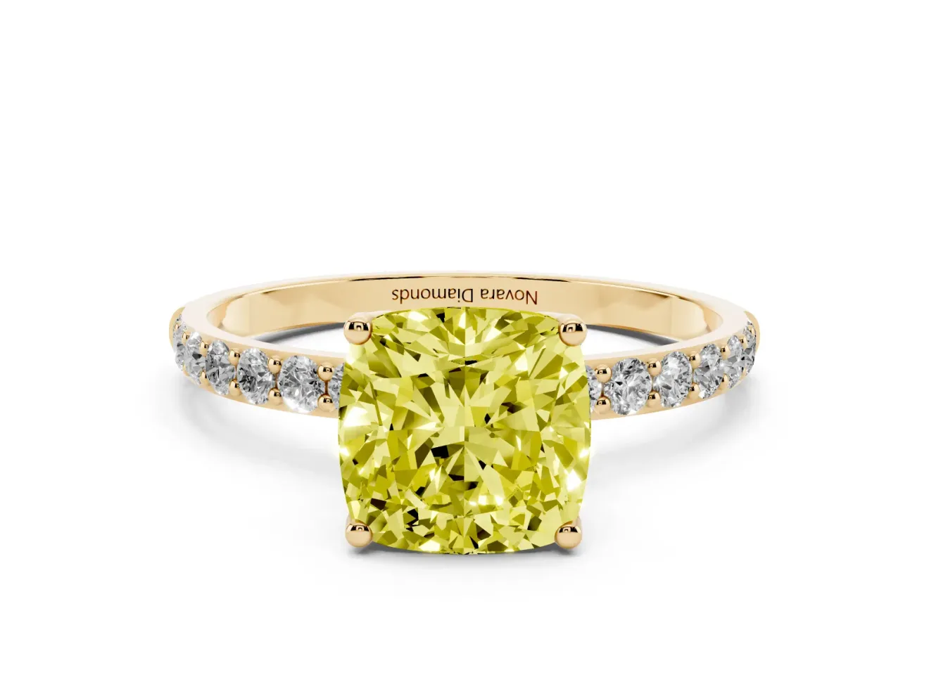 Cushion Cut Pave Solitaire Engagement Ring Setting for a Fancy Yellow Lab-Grown Diamond | Slim Band | Yellow Gold