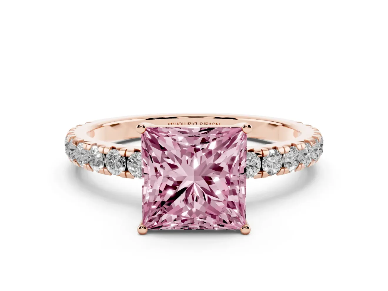 Princess Cut Pave Engagement Ring Setting for a Fancy Pink Lab-Grown Diamond | Shared Prong Band | Rose Gold