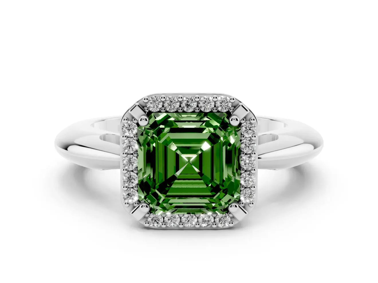 Fancy Green Asscher Cut Diamond Halo Engagement Ring Set in Platinum with Plain Split Shank and Prong Setting