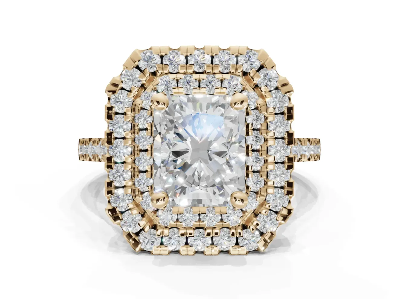 Radiant Cut Double Halo Engagement Ring Setting | Pave Shoulders | Yellow Gold