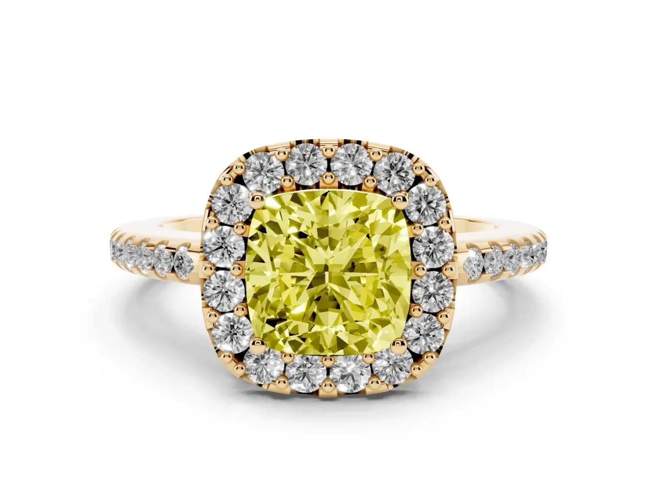 Cushion Cut Pave Halo Engagement Ring Setting for a Fancy Yellow Lab-Grown Diamond | Pave Band | Yellow Gold