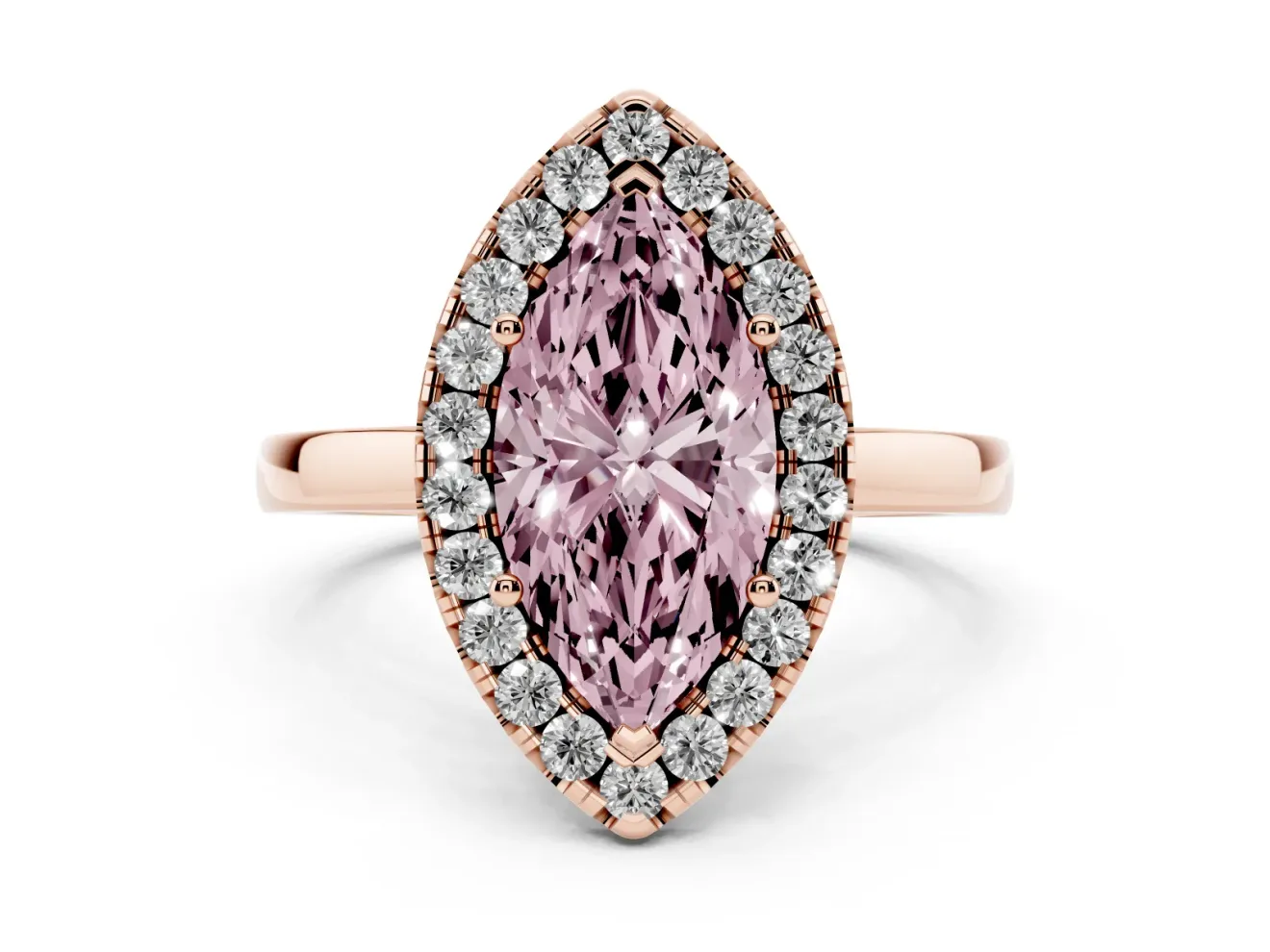 Fancy Pink Marquise Cut Diamond Halo Solitaire Ring Set in Rose gold with Pavé Band and Prong Setting