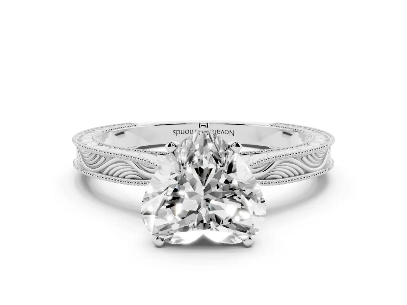 Heart Cut Diamond Solitaire Milgrain Engraved Band Set in Silver with Prong Setting