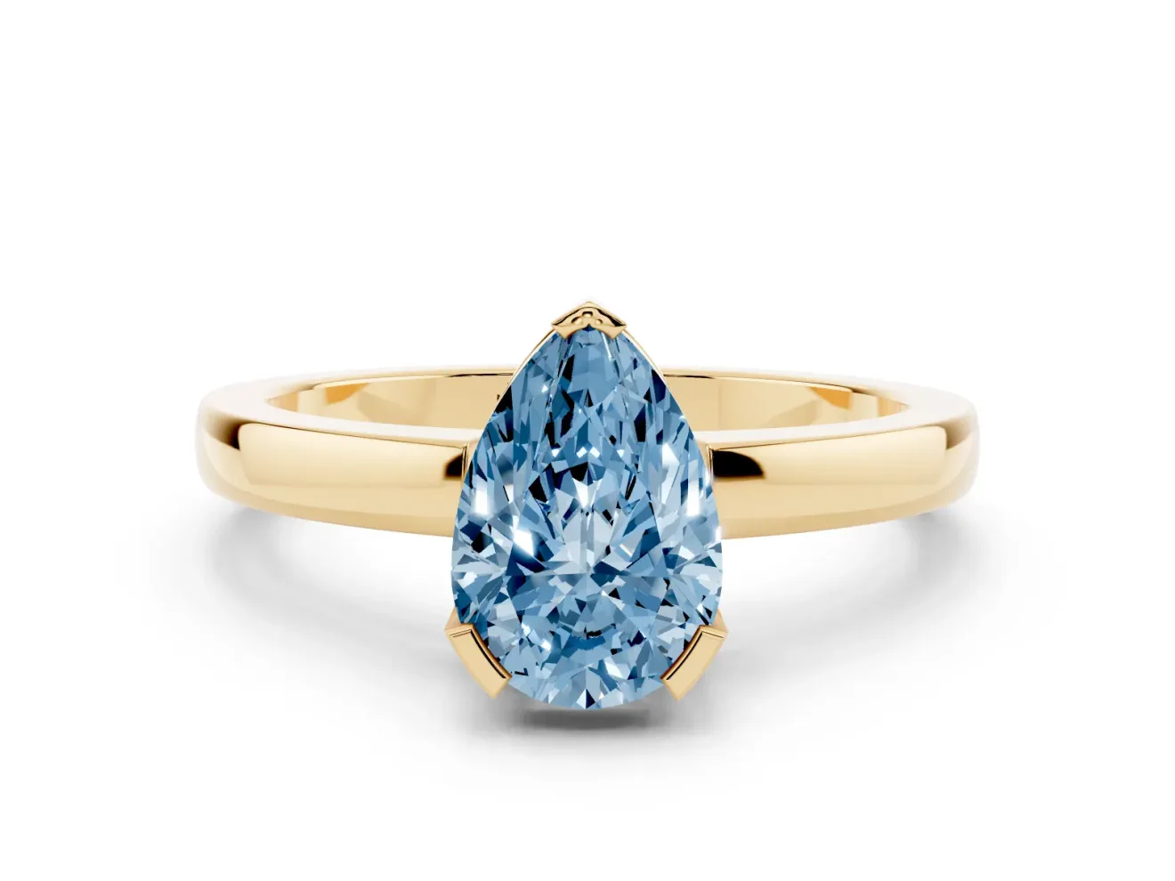 Fancy Blue Pear Cut Diamond Solitaire Ring Set in Yellow gold with Prong Head and Smooth Polished Band