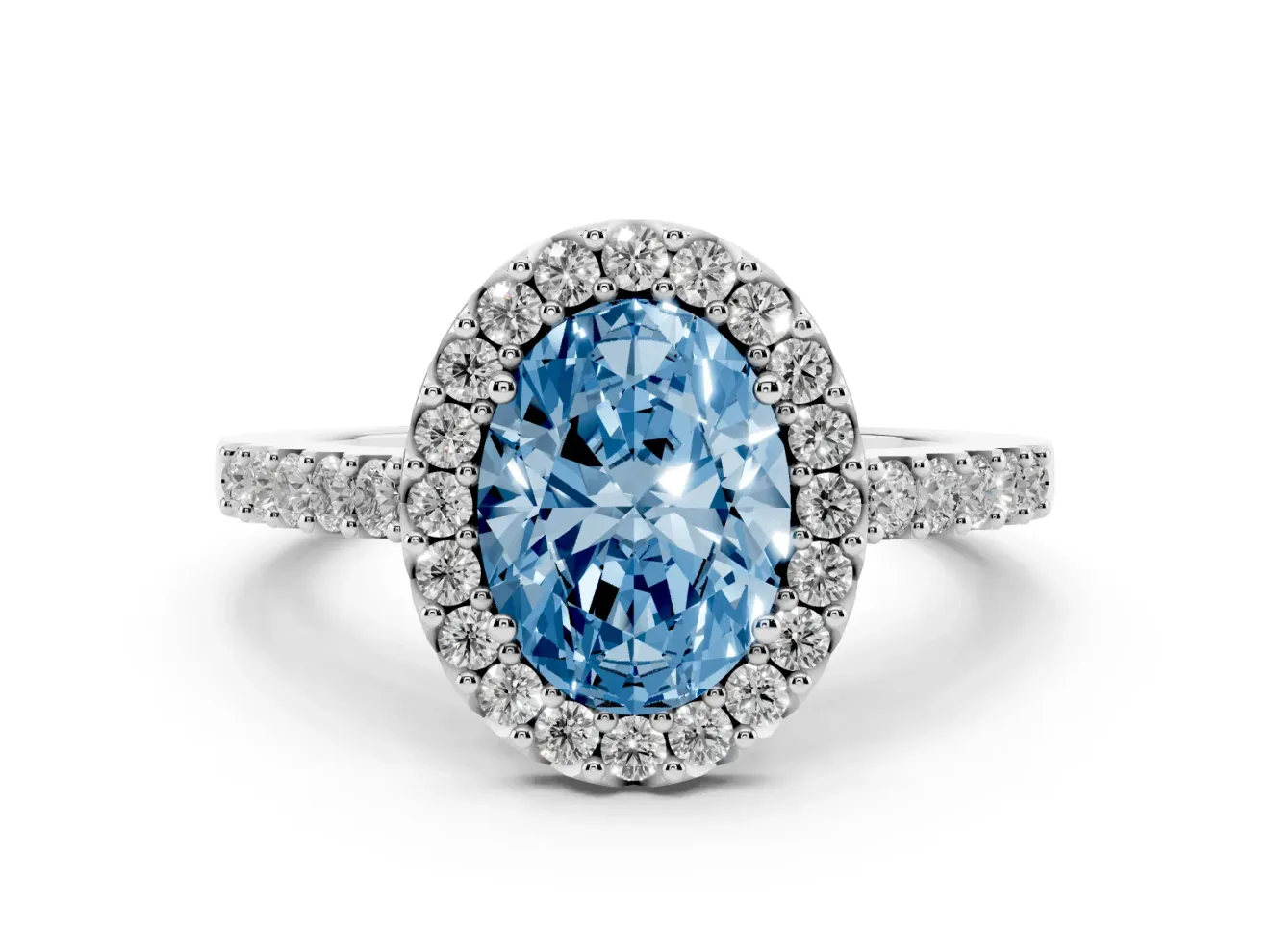 Fancy Blue Oval Cut Diamond Halo Pavé Solitaire Ring Set in Silver with Prong-Set Center Stone