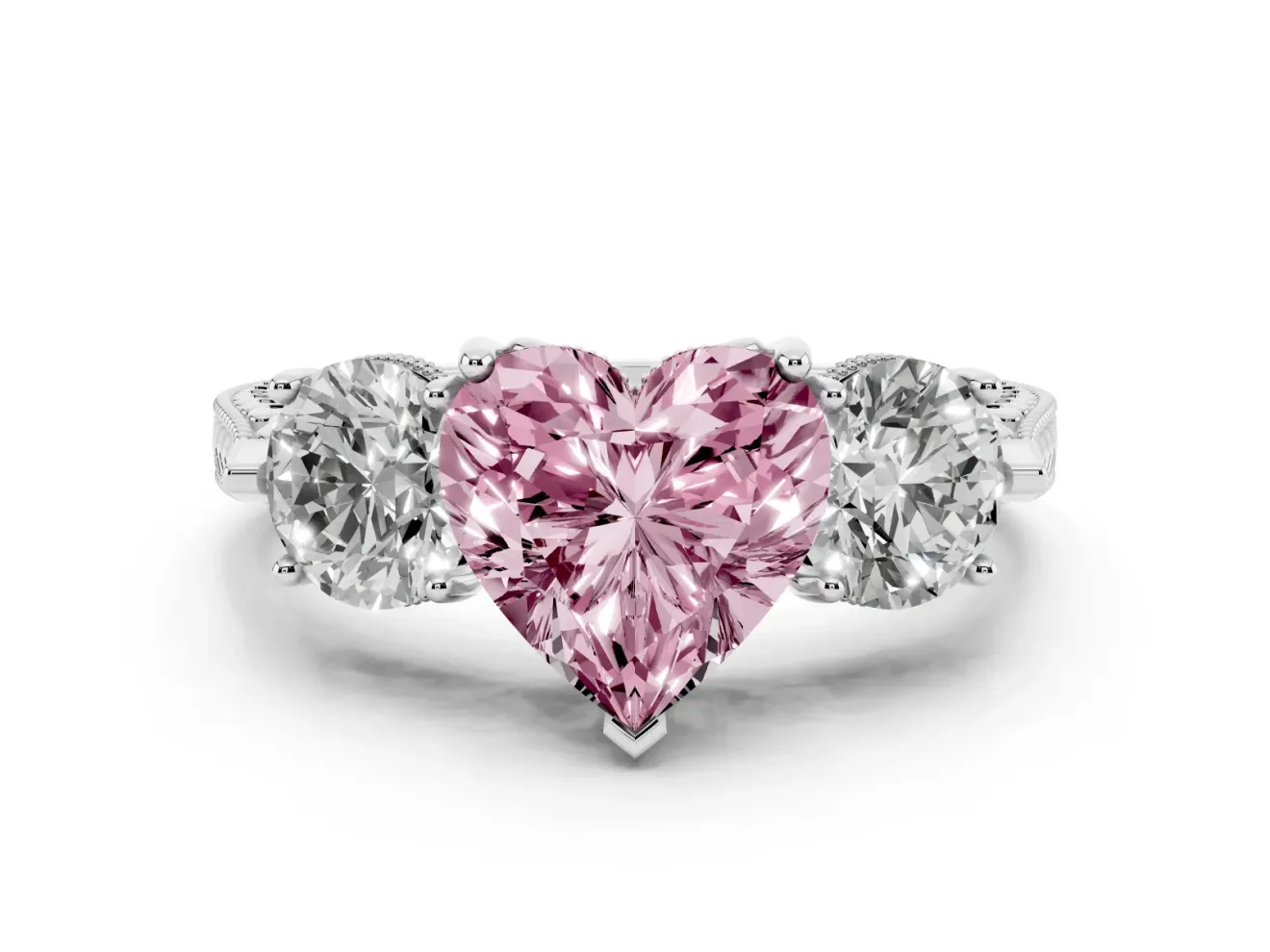 Fancy Pink Heart Cut Diamond Three-Stone Ring Set in Platinum with Milgrain Band
