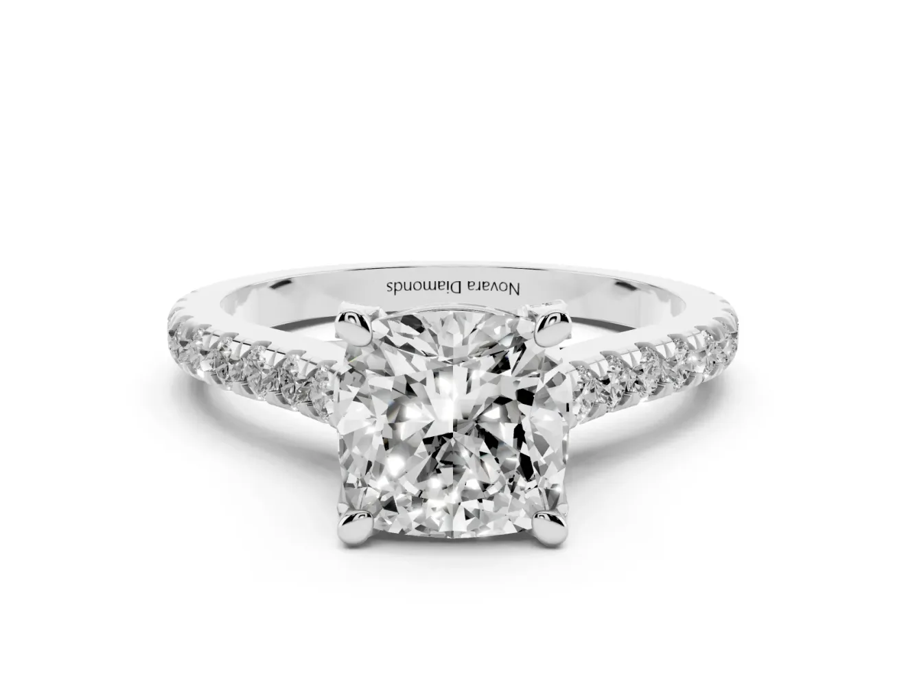 Cushion Cut Hidden Halo Pave Engagement Ring Setting | Claw Prongs | White Gold