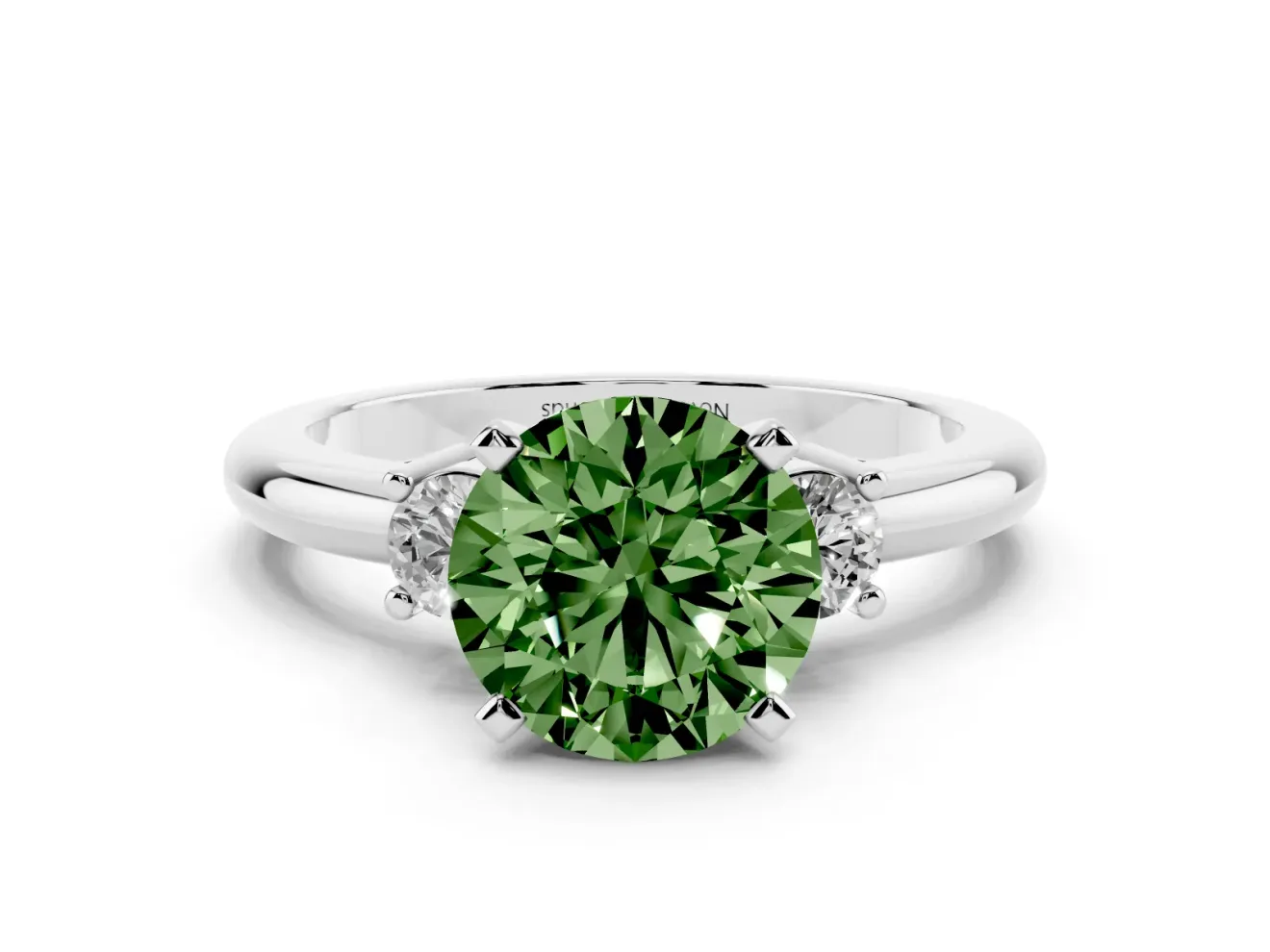 Fancy Green Three-Stone Round Cut Diamond Ring Set in Silver with Prong Setting and Plain Band