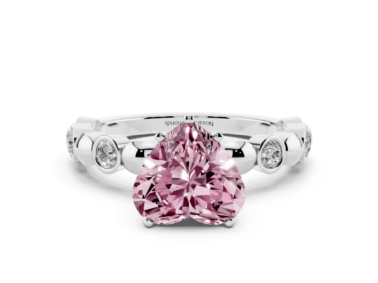Fancy Pink Heart Cut Diamond Solitaire Ring Set in Silver with Bezel-Set Accents on Beaded Band and Prong Setting