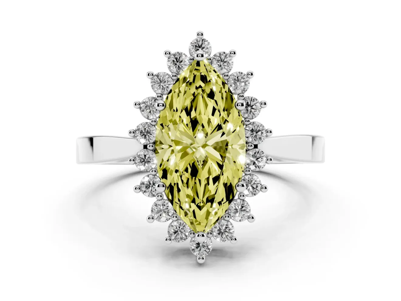 Fancy Yellow Marquise Cut Diamond Halo Ring Set in Silver with Round Halo and Smooth Solitaire Band