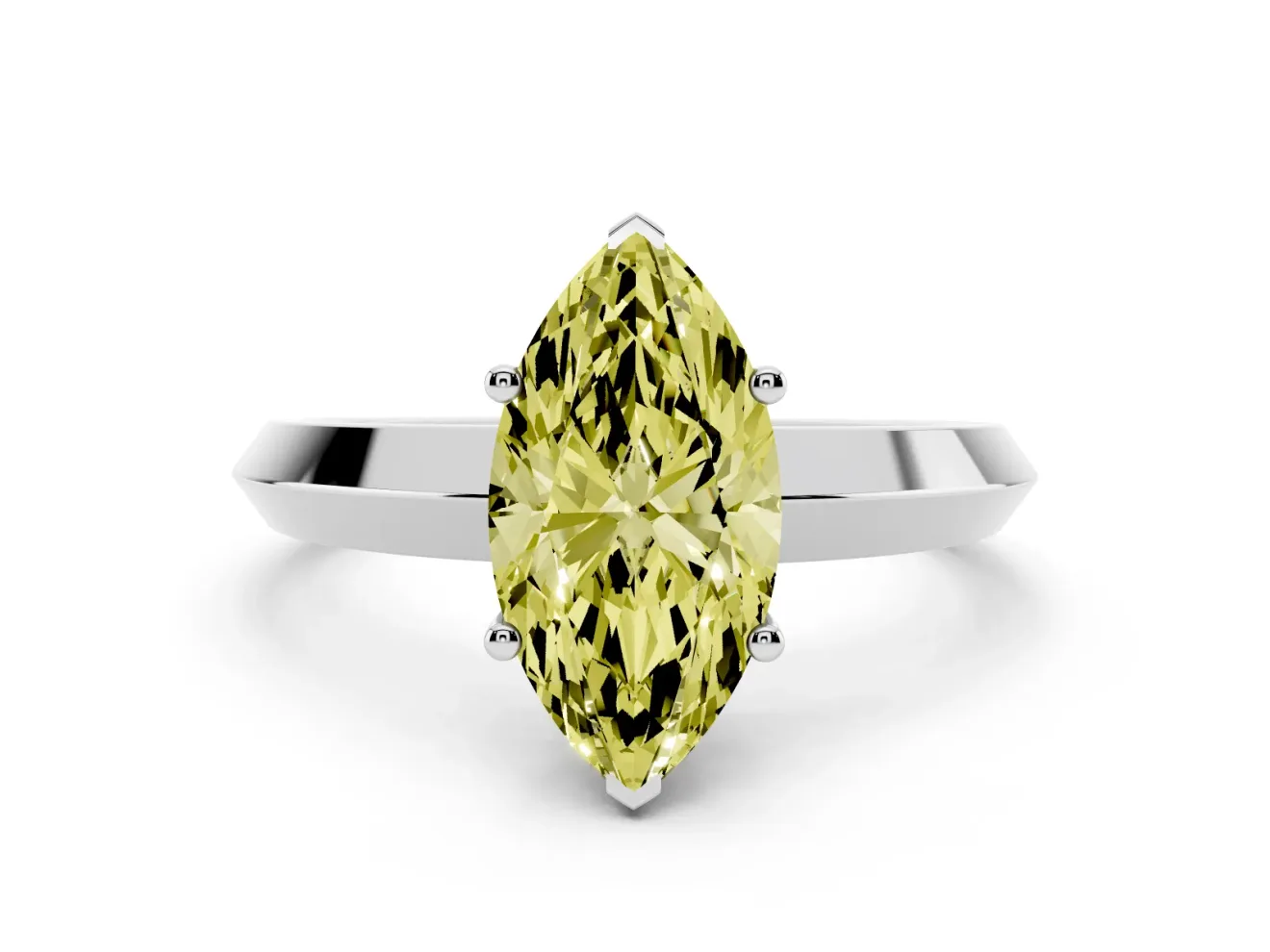 Fancy Yellow Marquise Cut Diamond Solitaire Engagement Ring Set in Silver with Flat Band and Prong Setting