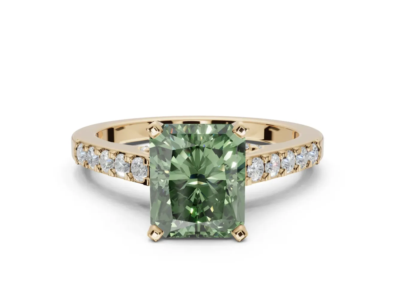 Radiant Cut Pavé Solitaire Engagement Ring Setting for a Fancy Green Lab-Grown Diamond | Crossover Gallery | Yellow Gold