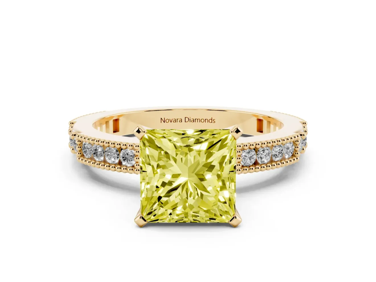 Fancy Yellow Princess Cut Diamond Solitaire Ring Set in Yellow gold with Slim Pavé Band and Prong Setting