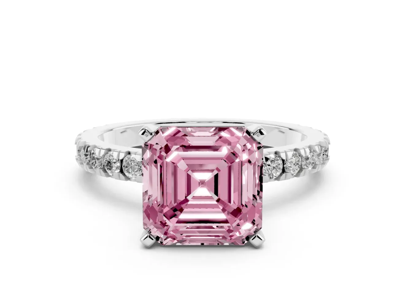 Fancy Pink Asscher Cut Diamond Pavé Band Solitaire Set in Silver with Prong Setting