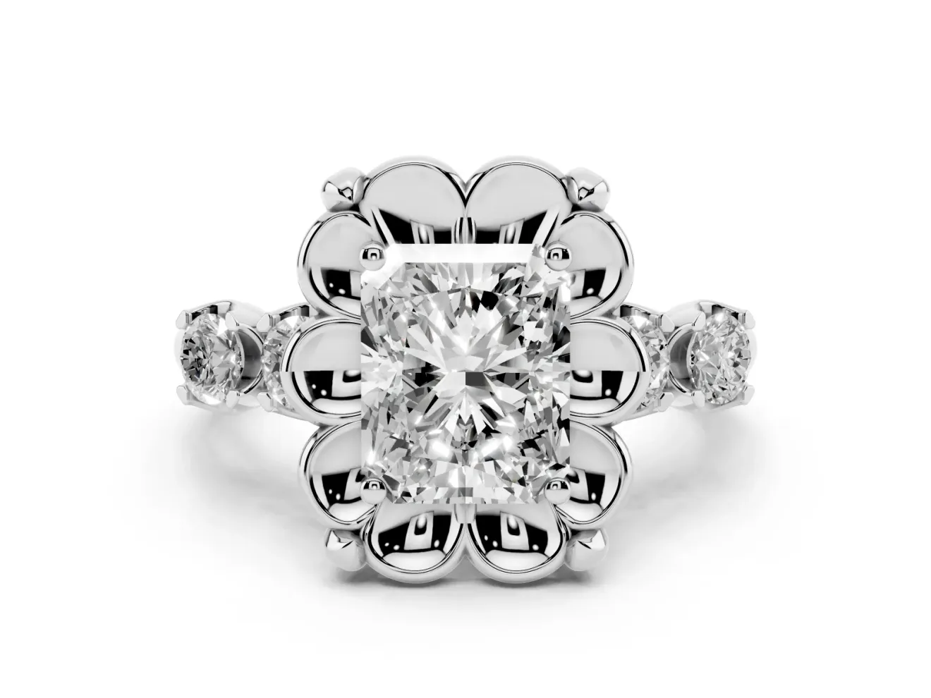 Radiant Cut Diamond Floral Halo Ring Set in Silver with Shared Prong Band