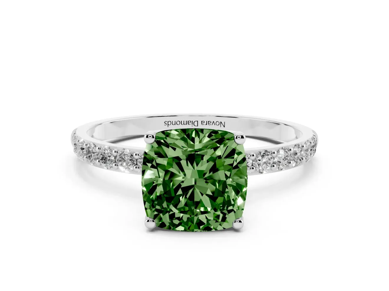 Fancy Green Cushion Cut Diamond Solitaire Engagement Ring Set in Silver with Round Pavé Band and Prong Setting