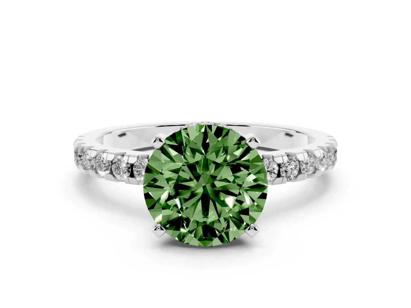 Round Hidden Halo Solitaire Engagement Ring Setting for a Fancy Green Lab-Grown Diamond | Pave Band | Platinum